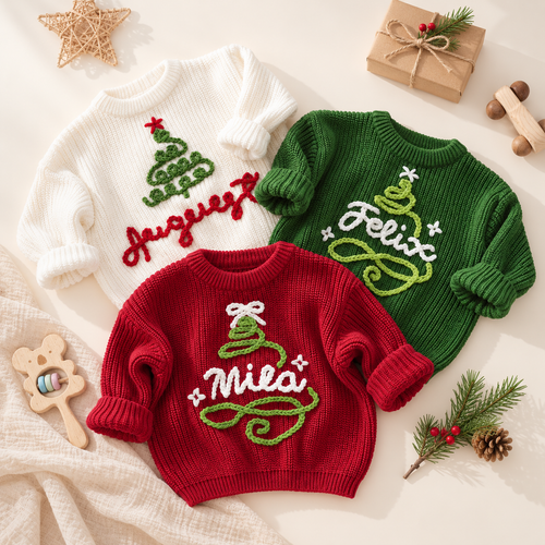 Personalized Christmas Baby Sweater, Embroidered Name Christmas Tree Knit Sweater