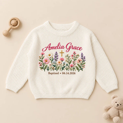 Custom Embroidery Baby Baptism Sweater, Christening Floral Embroidered Knit Baby Sweater, Baby Gifts