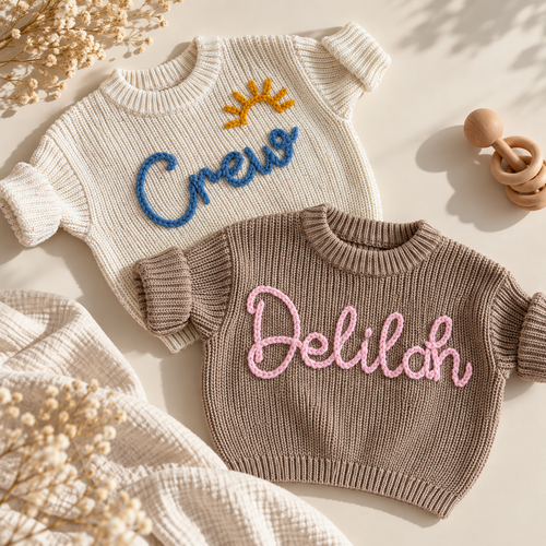 Custom Embroidered Baby Name Sweater - Hand embroidered