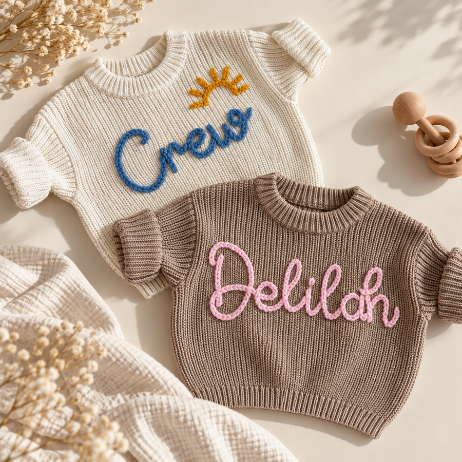 Custom Embroidered Baby Name Sweater - Hand embroidered