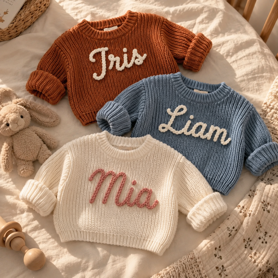 Custom Embroidered Baby Name Sweater - Hand embroidered