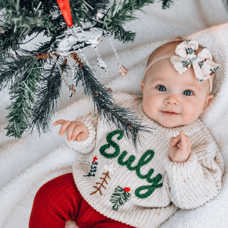 Personalized Name Christmas Baby Sweater – Hand Embroidered Knit Sweater