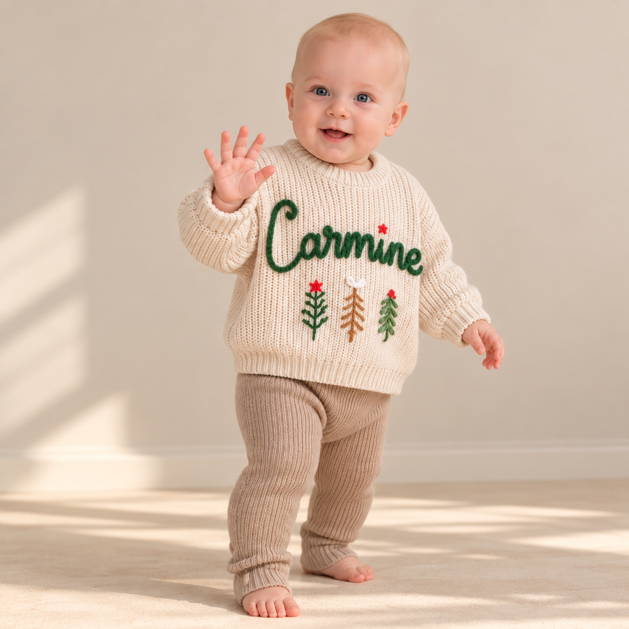Personalized Name Christmas Baby Sweater – Hand Embroidered Knit Sweater