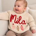 Personalized Name Christmas Baby Sweater – Hand Embroidered Knit Sweater