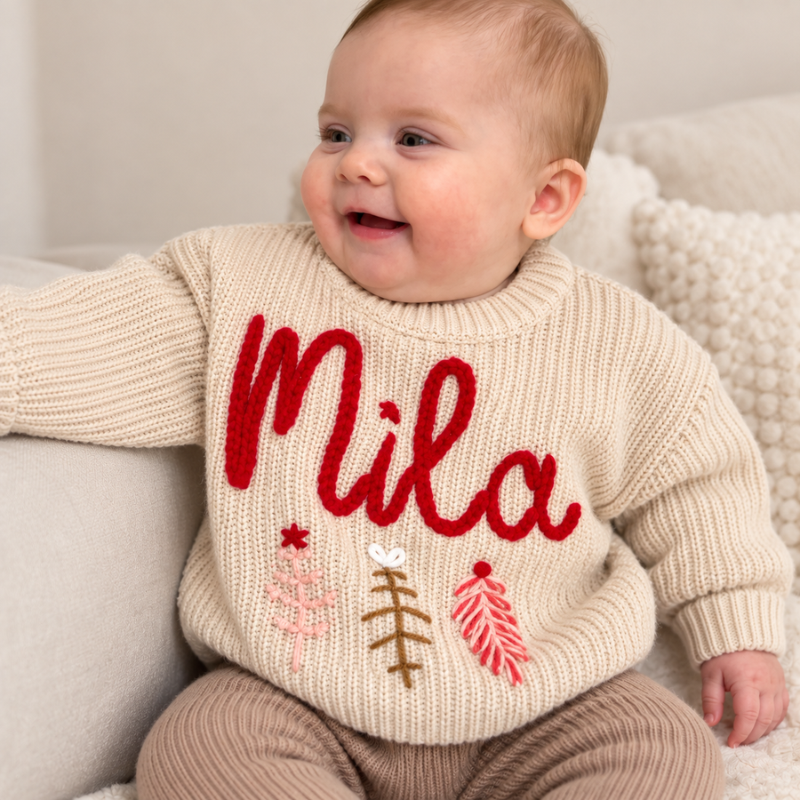 Personalized Name Christmas Baby Sweater – Hand Embroidered Knit Sweater