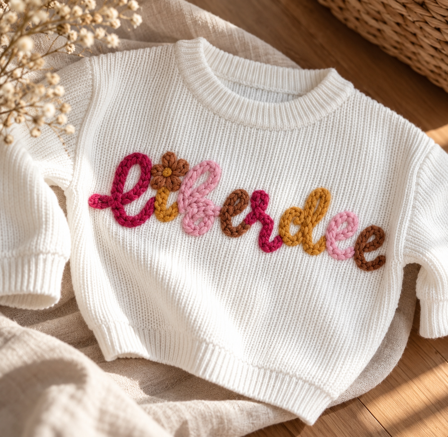Custom Embroidered Baby Name Sweater - Hand embroidered