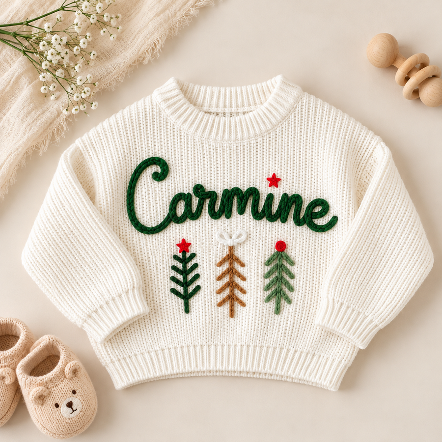 Personalized Name Christmas Baby Sweater – Hand Embroidered Knit Sweater