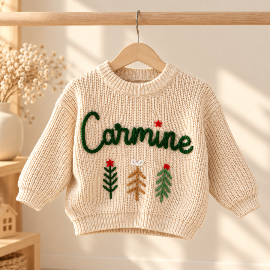 Personalized Name Christmas Baby Sweater – Hand Embroidered Knit Sweater