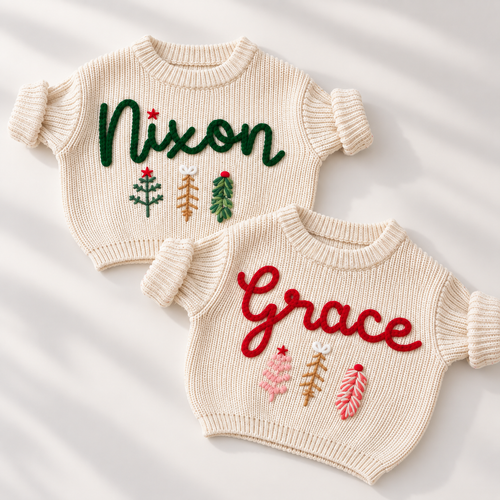 Personalized Name Christmas Baby Sweater – Hand Embroidered Knit Sweater