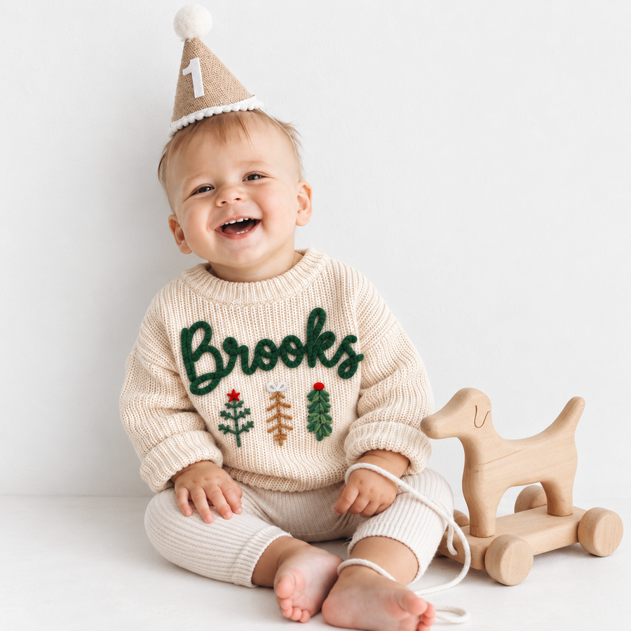 Personalized Name Christmas Baby Sweater – Hand Embroidered Knit Sweater